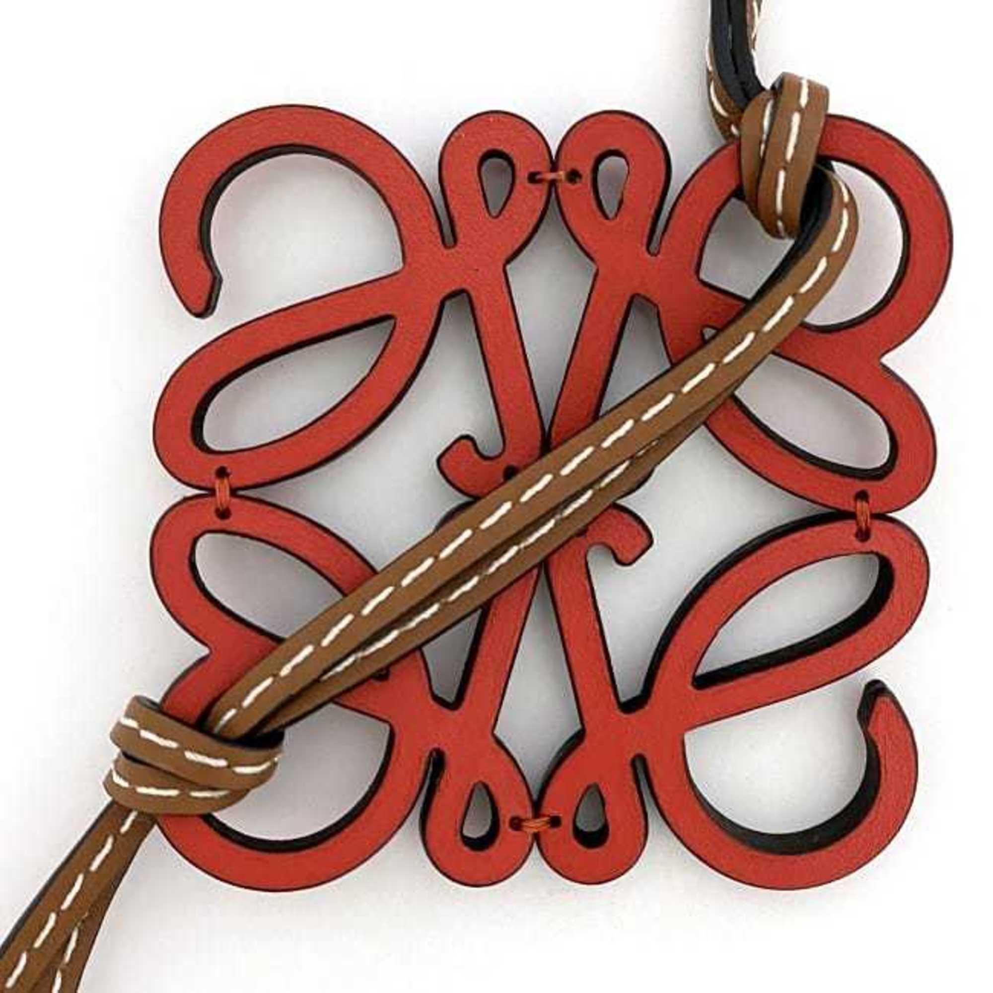 LOEWE Charm Red Brown Anagram f-20203 Leather Metal Bag Keychain Women's