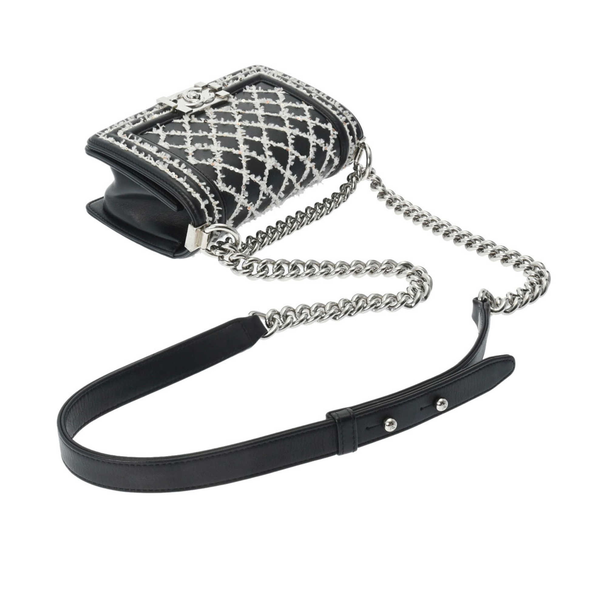 CHANEL Boy Chanel Sequin Chain Shoulder Bag 20cm Black A67085 Women's Lambskin