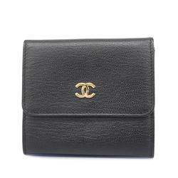 Chanel Tri-fold Wallet Leather Black Champagne Women's