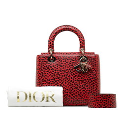 Christian Dior Dior Lady Medium Leopard Handbag Shoulder Bag Pink Black Leather Women's