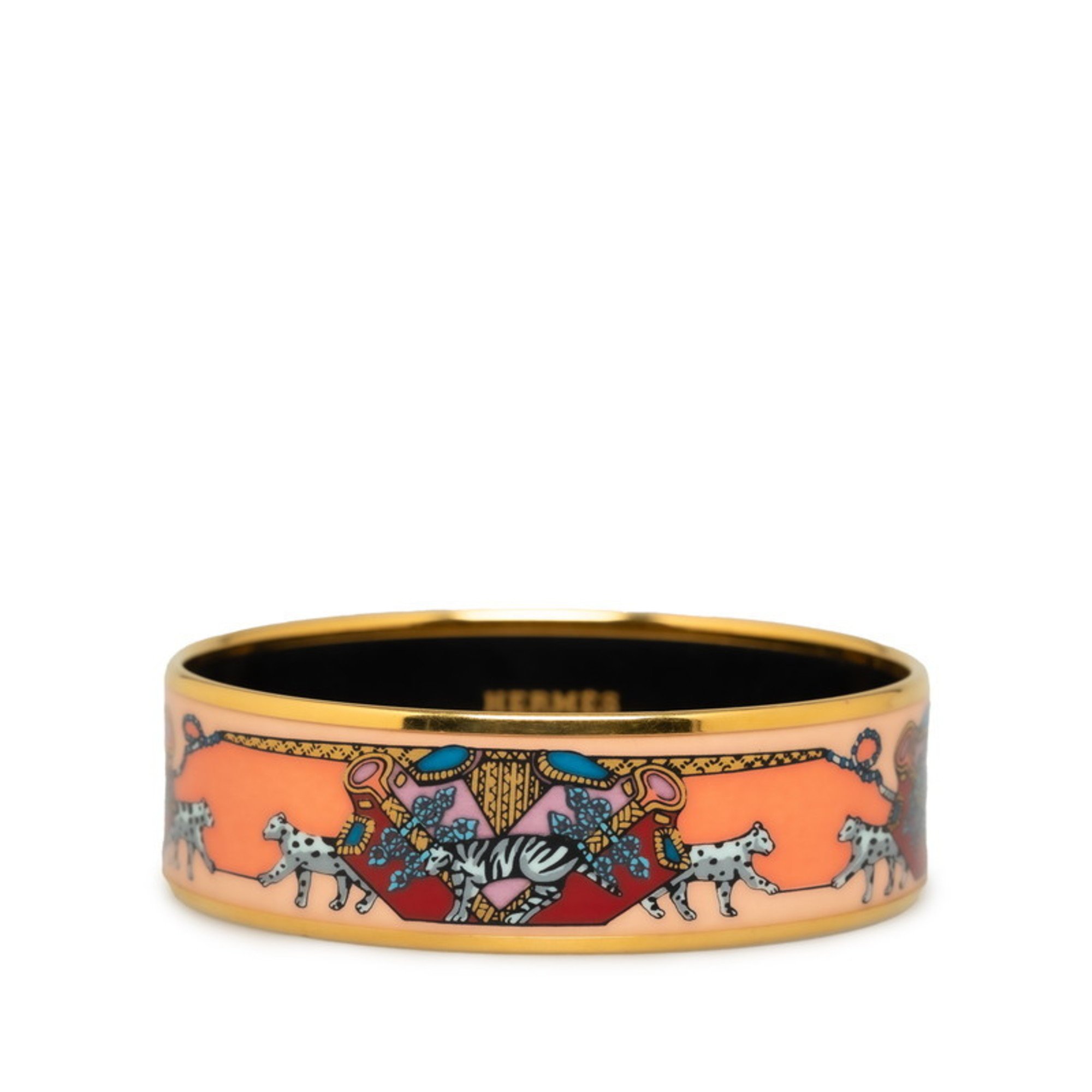 Hermes enamel GM cloisonné tiger leopard bangle gold pink multicolor plated women's HERMES