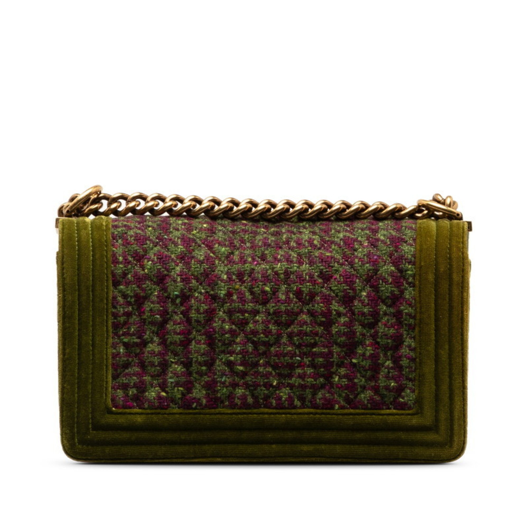 Chanel Matelasse Boy Coco Mark Chain Shoulder Bag Green Multicolor Tweed Leather Women's CHANEL