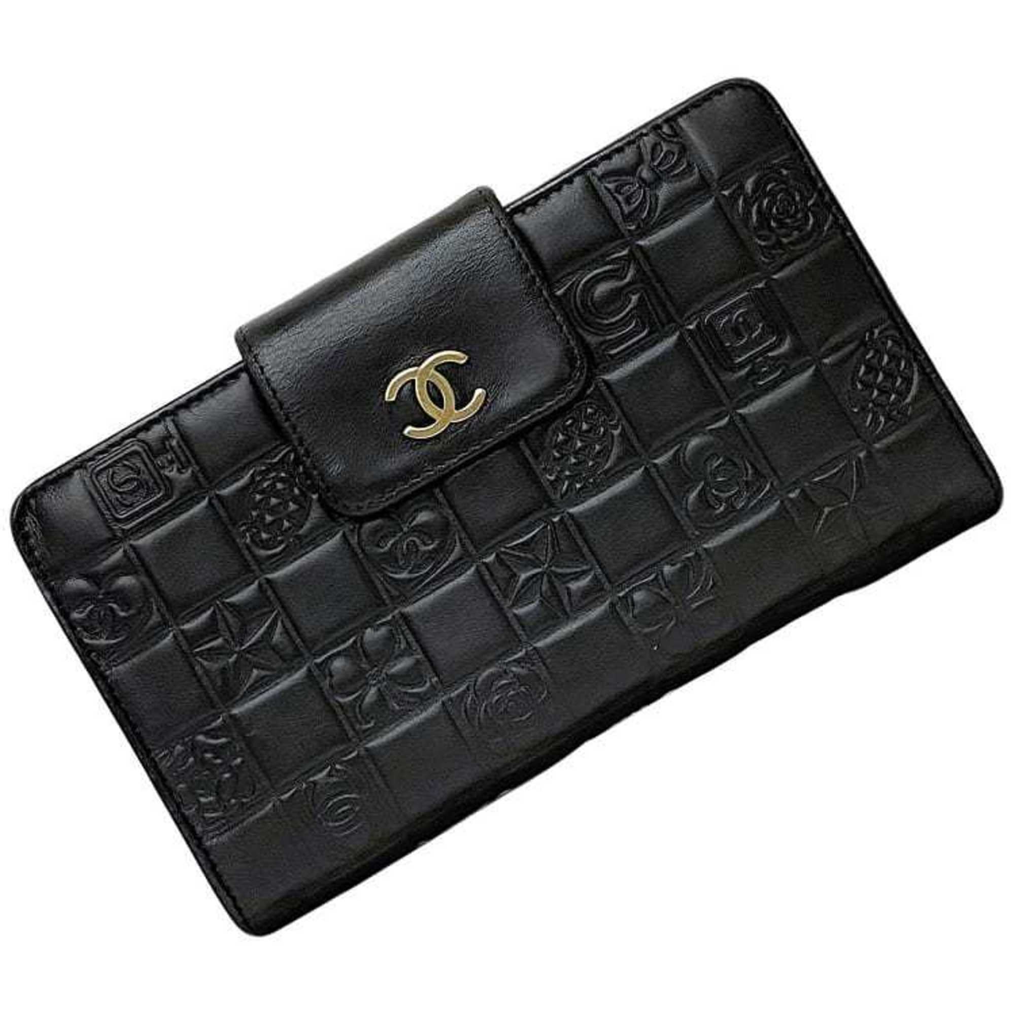 Chanel Bi-fold Long Wallet Black Icon A24213 f-20274 Leather 8th Series CHANEL Clasp Chocolate Bar Coco Mark NO5 Women's