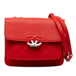 Chanel Coco Mark Chain Shoulder Bag Red Silver Leather Women's CHANEL