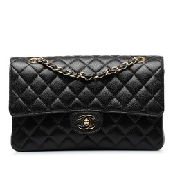 Chanel Matelasse 25 Coco Mark Double Flap Chain Shoulder Bag Black Gold Caviar Skin Women's CHANEL