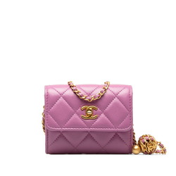 Chanel Matelasse Coco Ball Chain Wallet Card Case Purple Leather Women's CHANEL