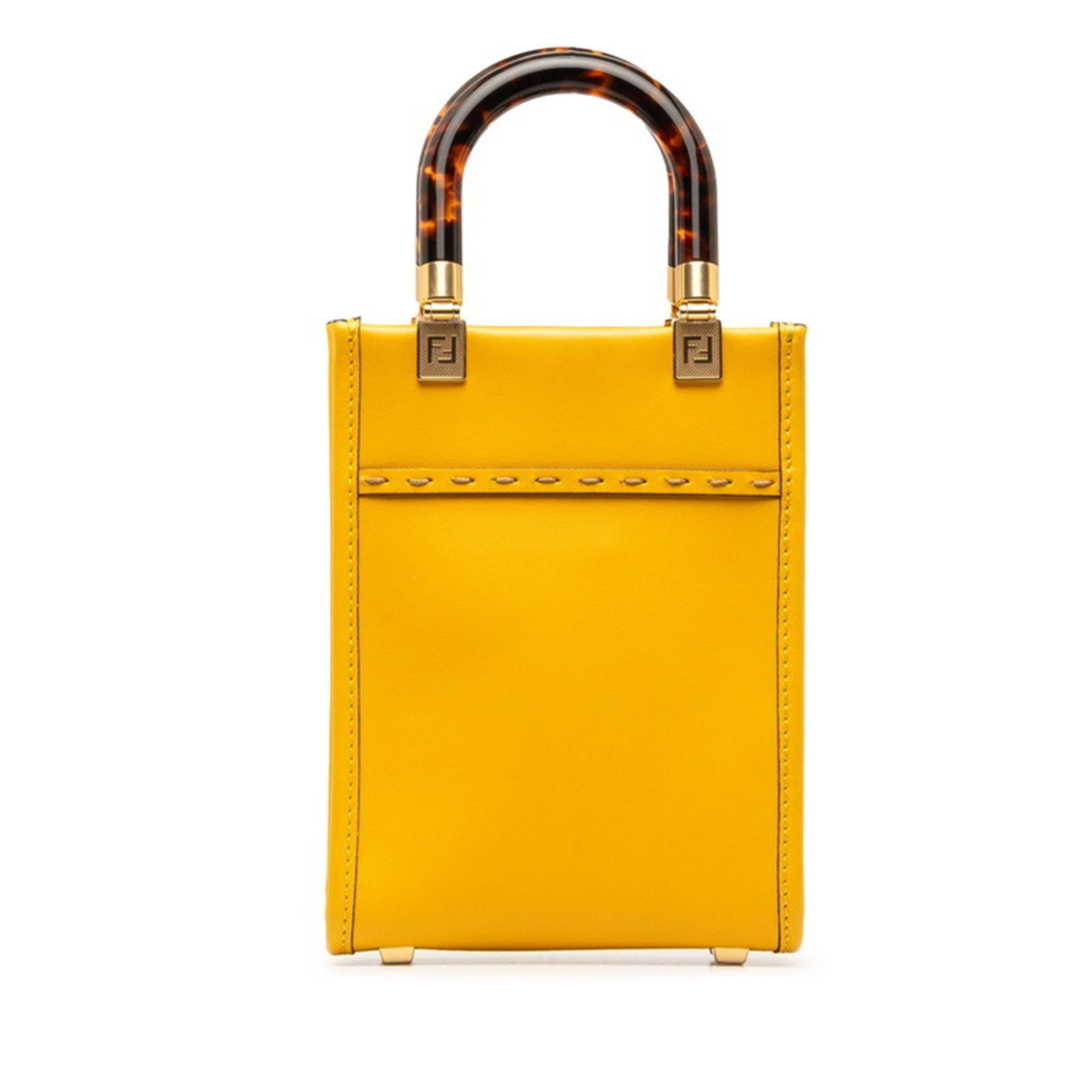 FENDI Sunshine Shopper Small Handbag Shoulder Bag 8BS051 Yellow Leather Women's