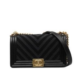 Chanel V-stitch Boy Coco Mark Chain Shoulder Bag Black Gold Canvas Lambskin Women's CHANEL