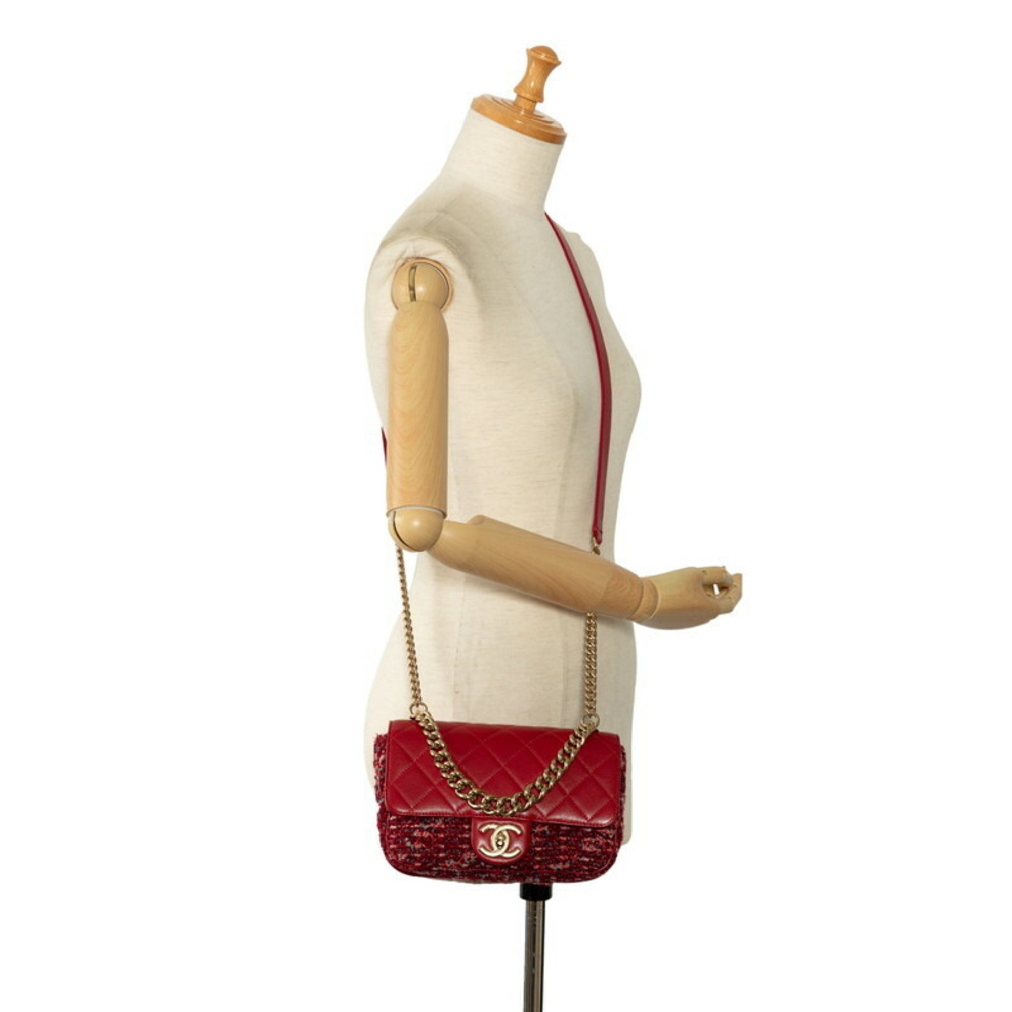 Chanel Matelasse Coco Mark Chain Shoulder Bag Handbag Red Multicolor Leather Tweed Women's CHANEL