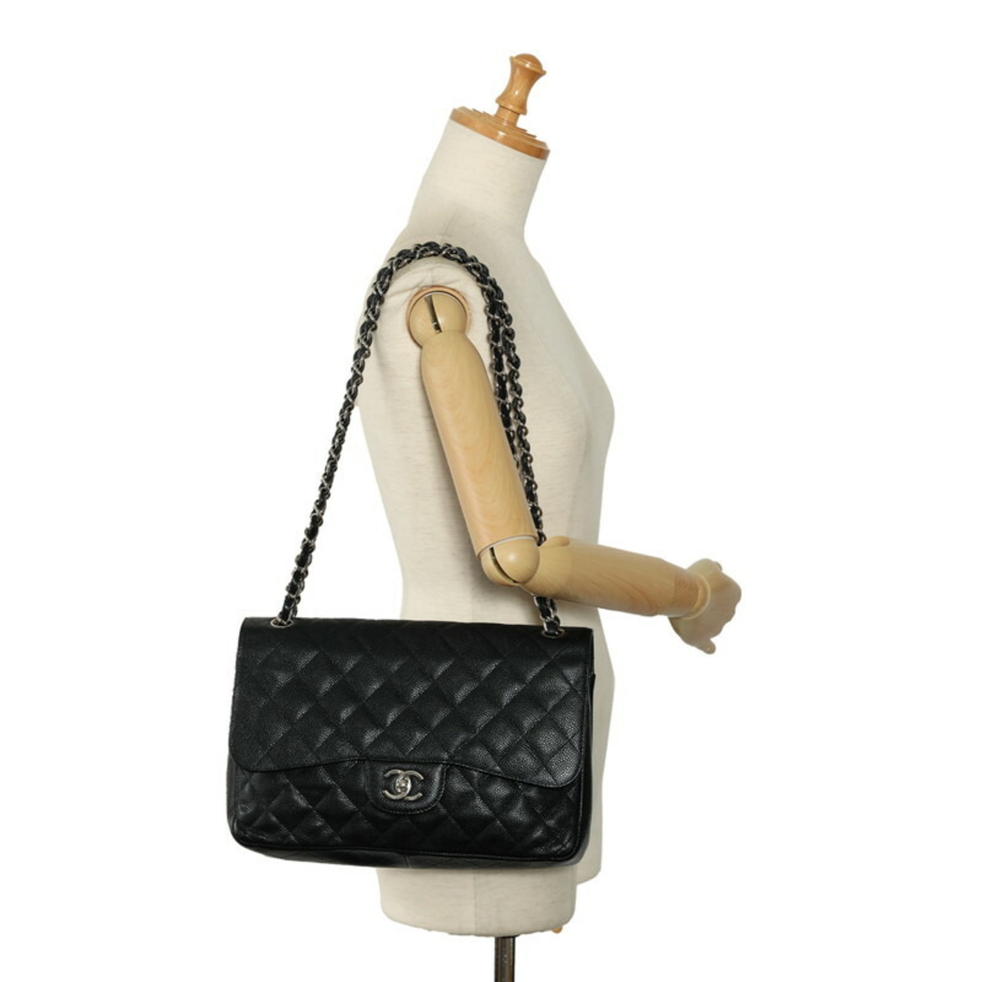 Chanel Matelasse 30 Coco Mark Double Flap Chain Shoulder Bag Black Caviar Skin Women's CHANEL