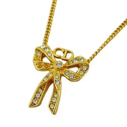 Christian Dior Necklace CD Ribbon Motif Rhinestone GP Plated Gold Women's