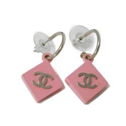 CHANEL Earrings Swing Rhombus Coco Mark Enamel Diamond Hoop Pink Silver 04P CC Matte A25508 Women's