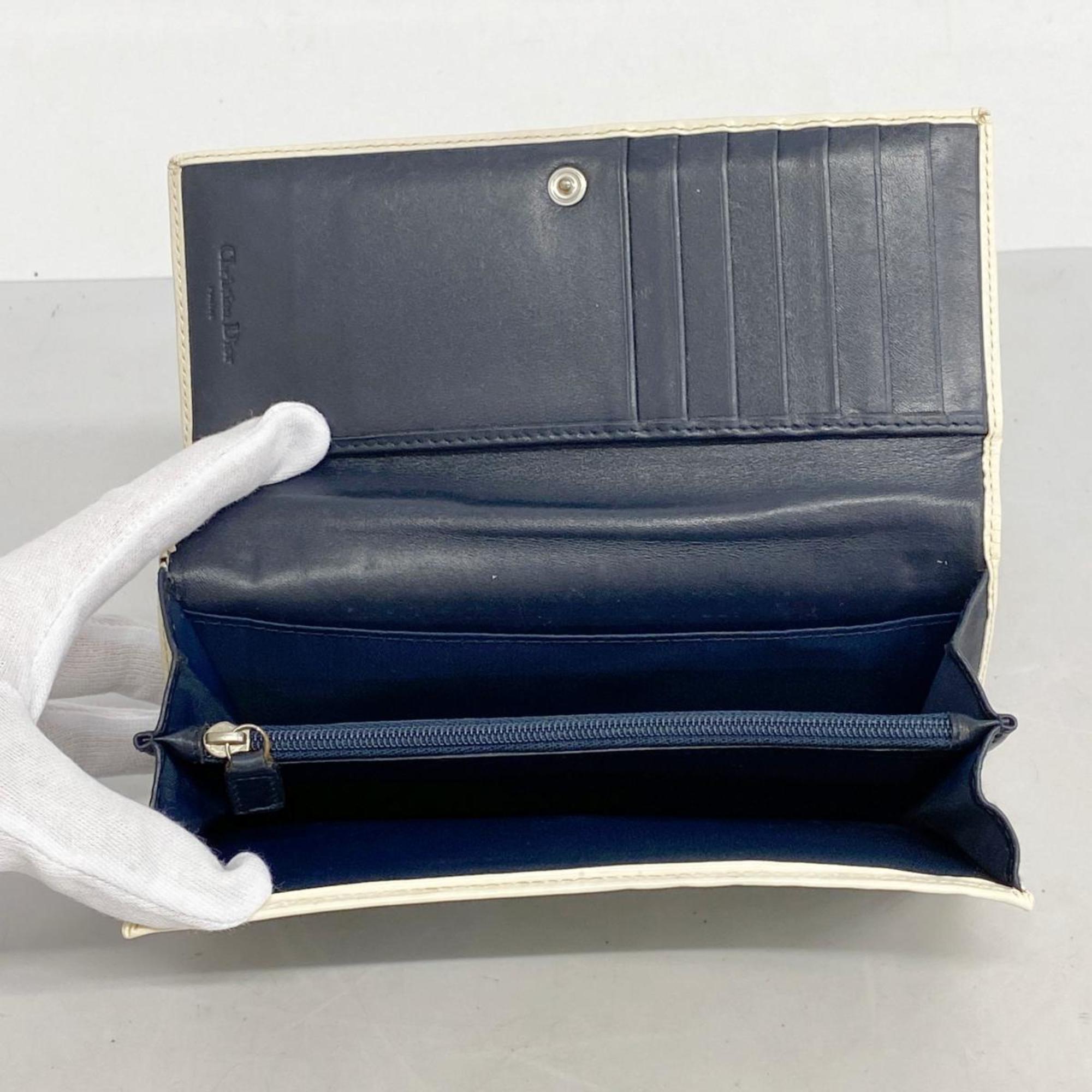 Christian Dior Long Wallet Trotter Canvas Leather Navy White Women's