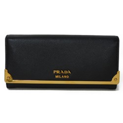PRADA Long Wallet Flap Metal Black Gold Plated Pass Case Saffiano Cahier Nero 1MH132 Women's