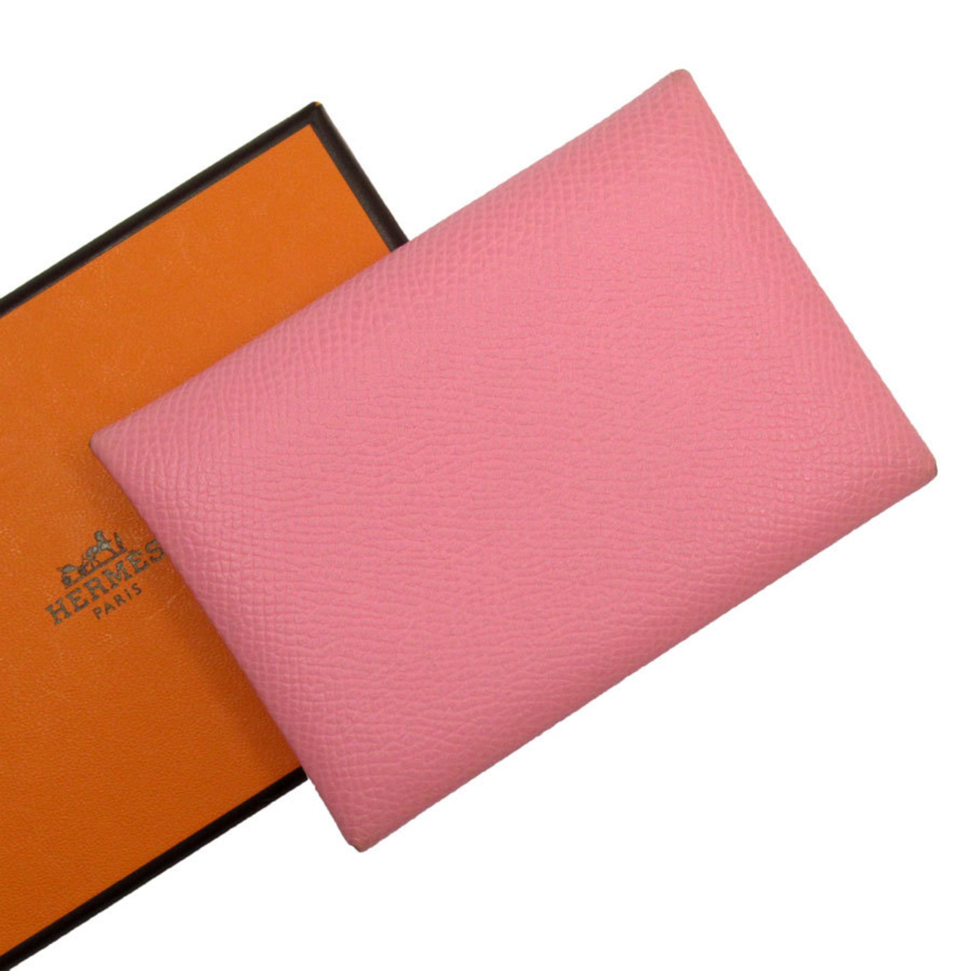 Hermes HERMES Business Card Holder/Card Case Wallet/Coin Calvi Duo Leather Light Pink Women's w0368g