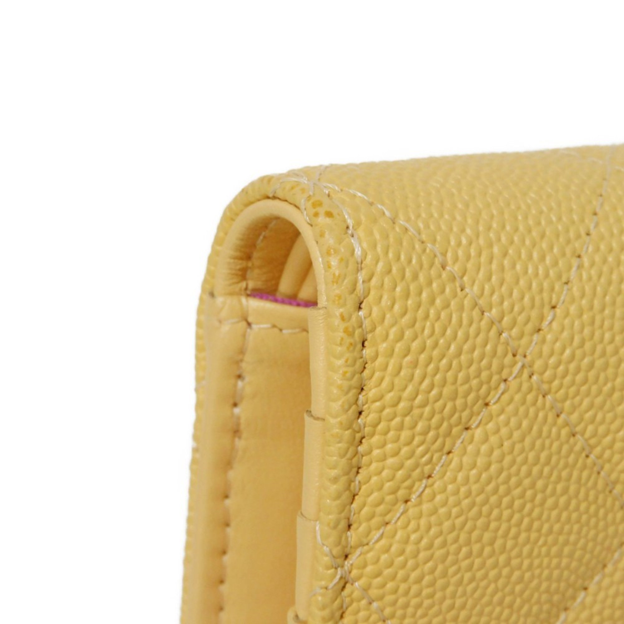 CHANEL Bi-fold Wallet Small Flap CC Mark Caviar Skin Yellow Bicolor Random Coco AP3519 Women's