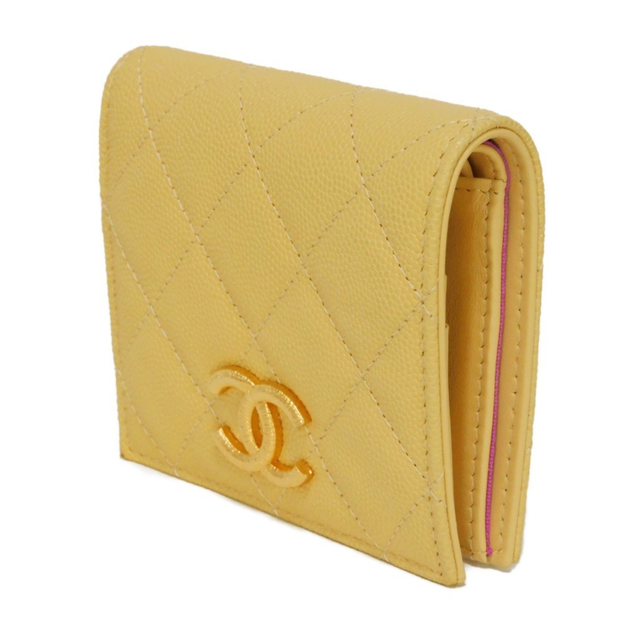 CHANEL Bi-fold Wallet Small Flap CC Mark Caviar Skin Yellow Bicolor Random Coco AP3519 Women's