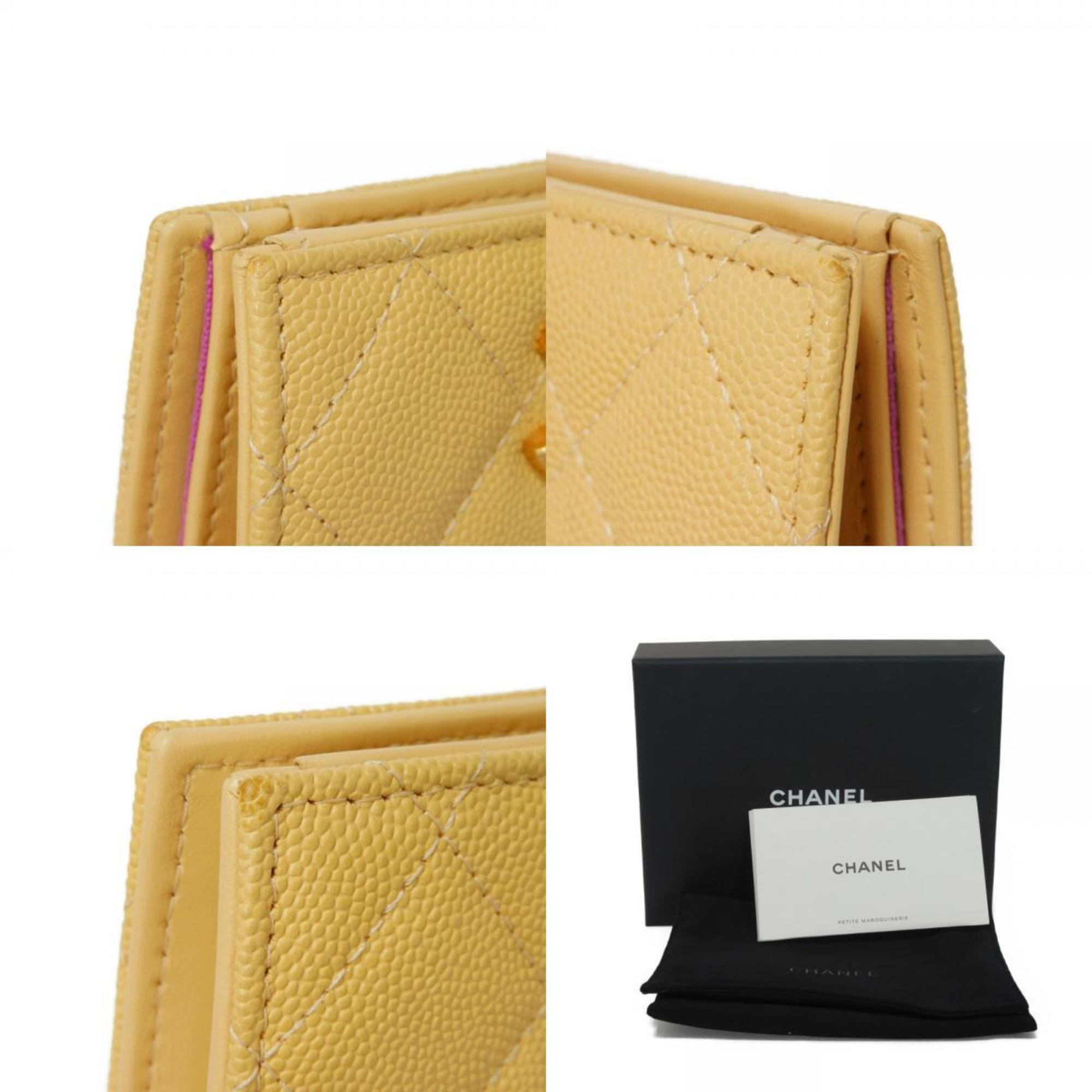 CHANEL Bi-fold Wallet Small Flap CC Mark Caviar Skin Yellow Bicolor Random Coco AP3519 Women's