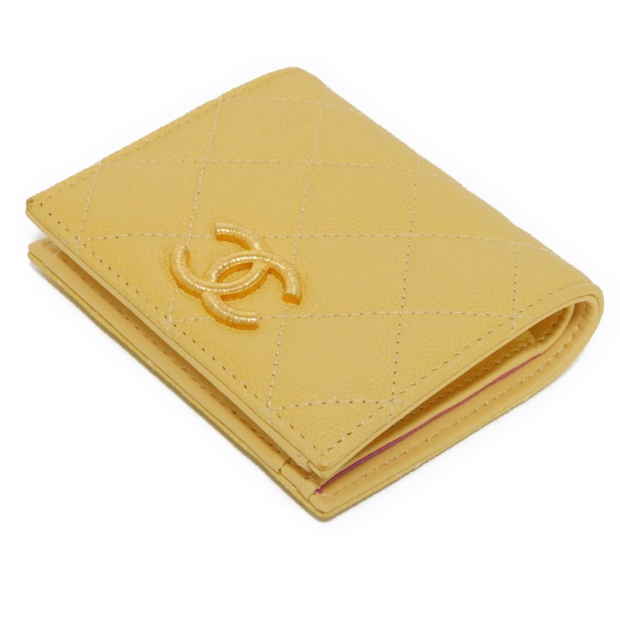 CHANEL Bi-fold Wallet Small Flap CC Mark Caviar Skin Yellow Bicolor Random Coco AP3519 Women's