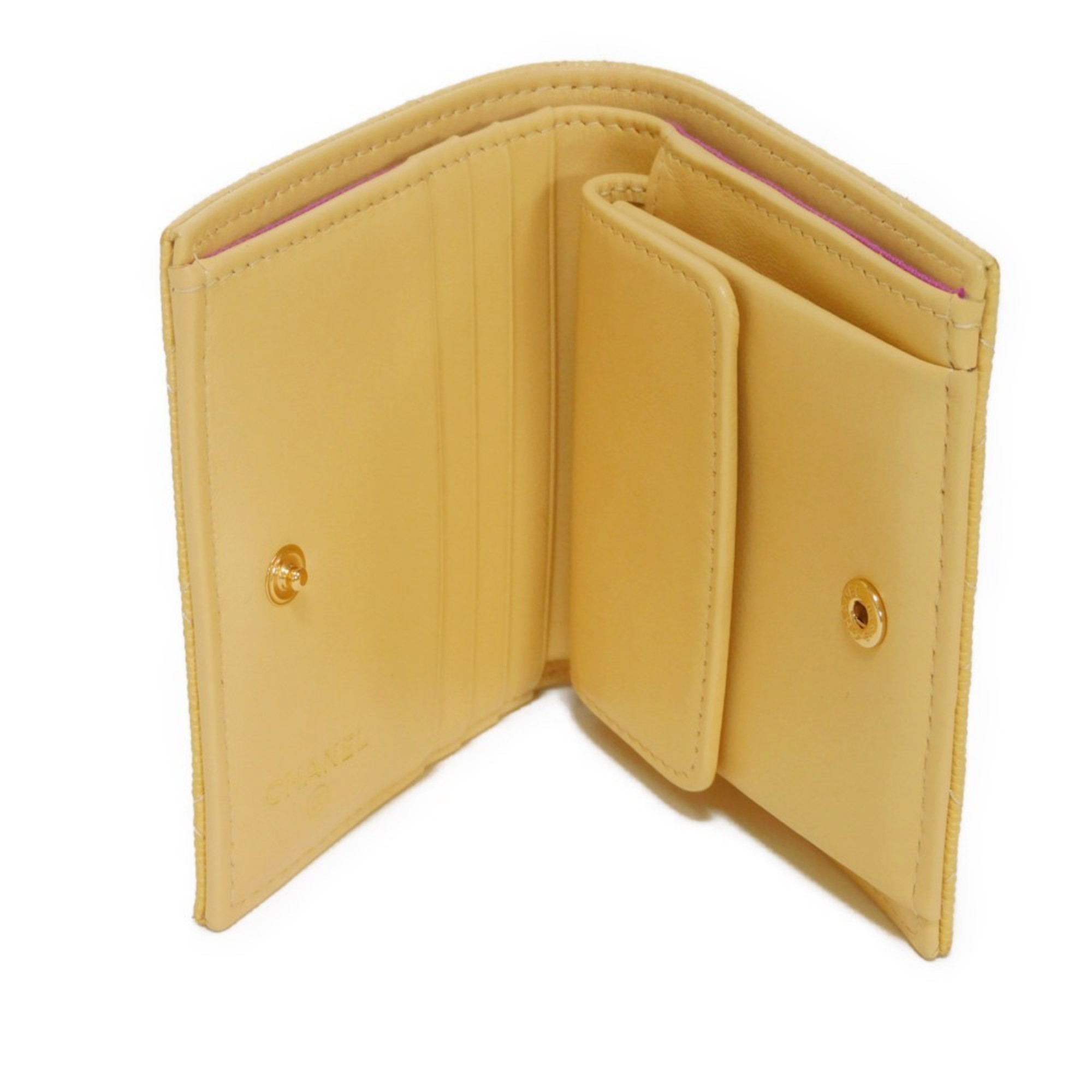 CHANEL Bi-fold Wallet Small Flap CC Mark Caviar Skin Yellow Bicolor Random Coco AP3519 Women's