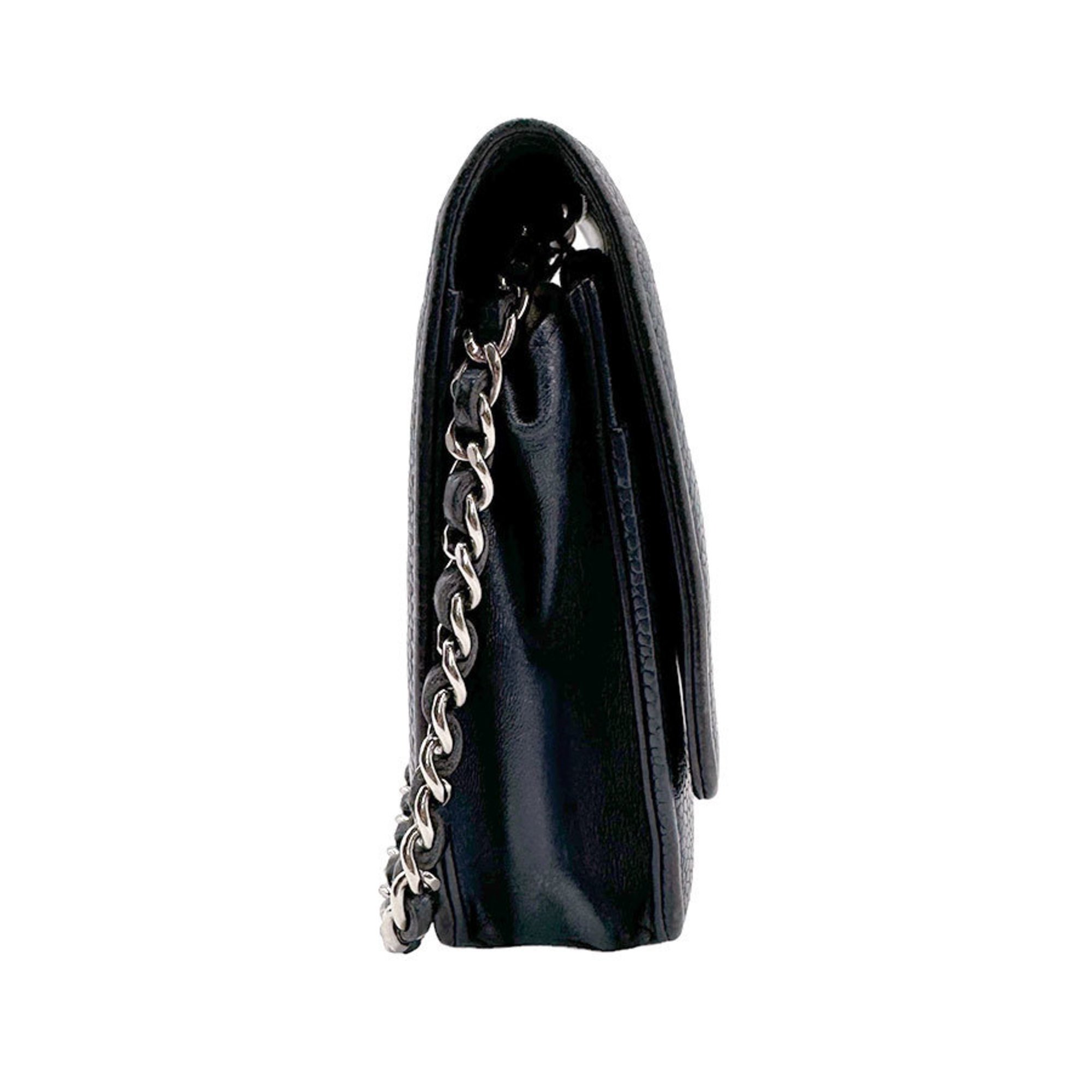 CHANEL Wallet Chain Shoulder Bag Caviar Skin Leather Metal Navy Silver Women's z1216