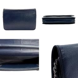 CHANEL Wallet Chain Shoulder Bag Caviar Skin Leather Metal Navy Silver Women's z1216