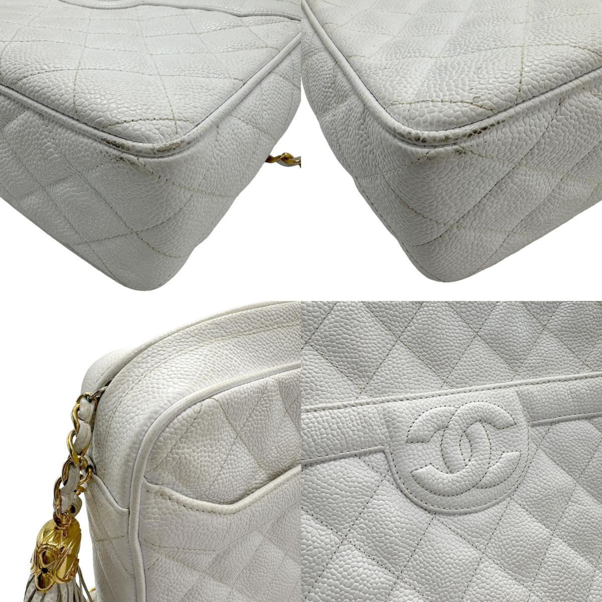CHANEL Shoulder Bag Matelasse Coco Mark Caviar Leather Metal Off-White Gold Women's z1096