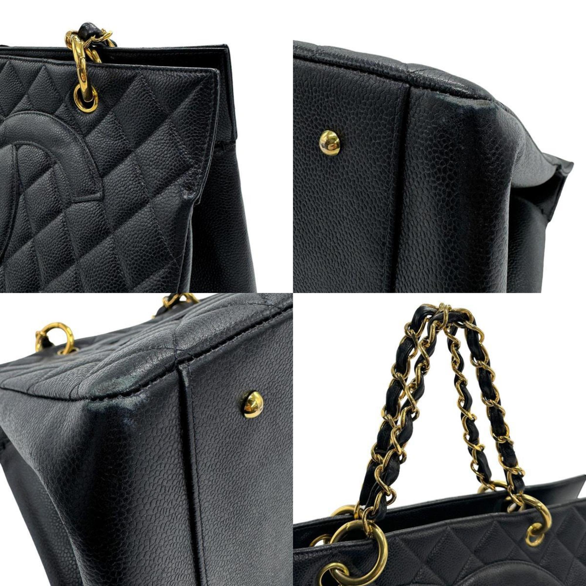 CHANEL Handbag Matelasse Caviar Skin Leather Black Gold Women's z1180