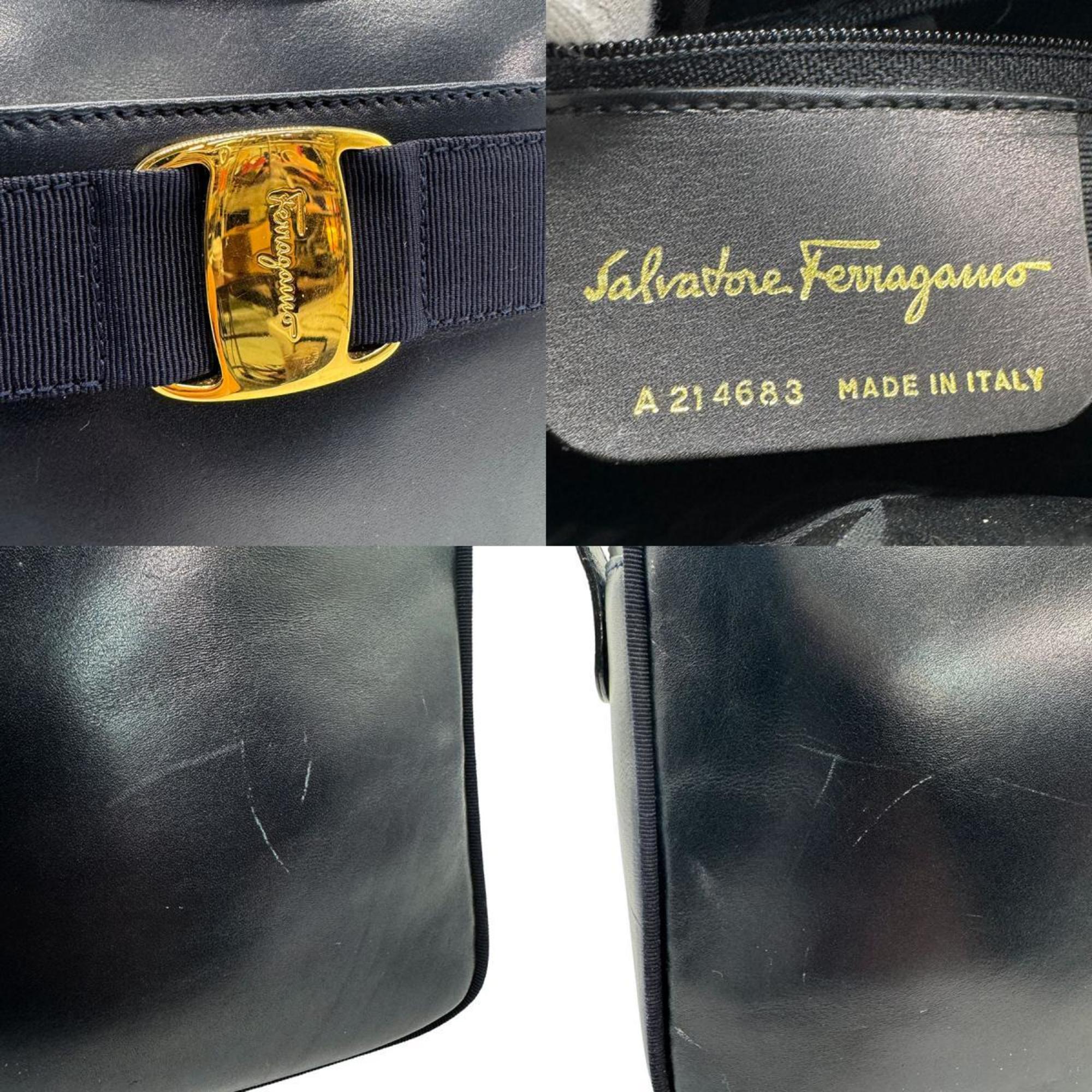 Salvatore Ferragamo Shoulder Bag Vara Leather Navy Gold Women's z1178