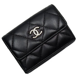 CHANEL Tri-fold Wallet Compact Matelasse Leather Black Silver Women's w0315g