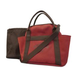 Hermes handbag Sac de Pansage Groom B engraved Toile H Chevron Chocolat Rouge Men's Women's