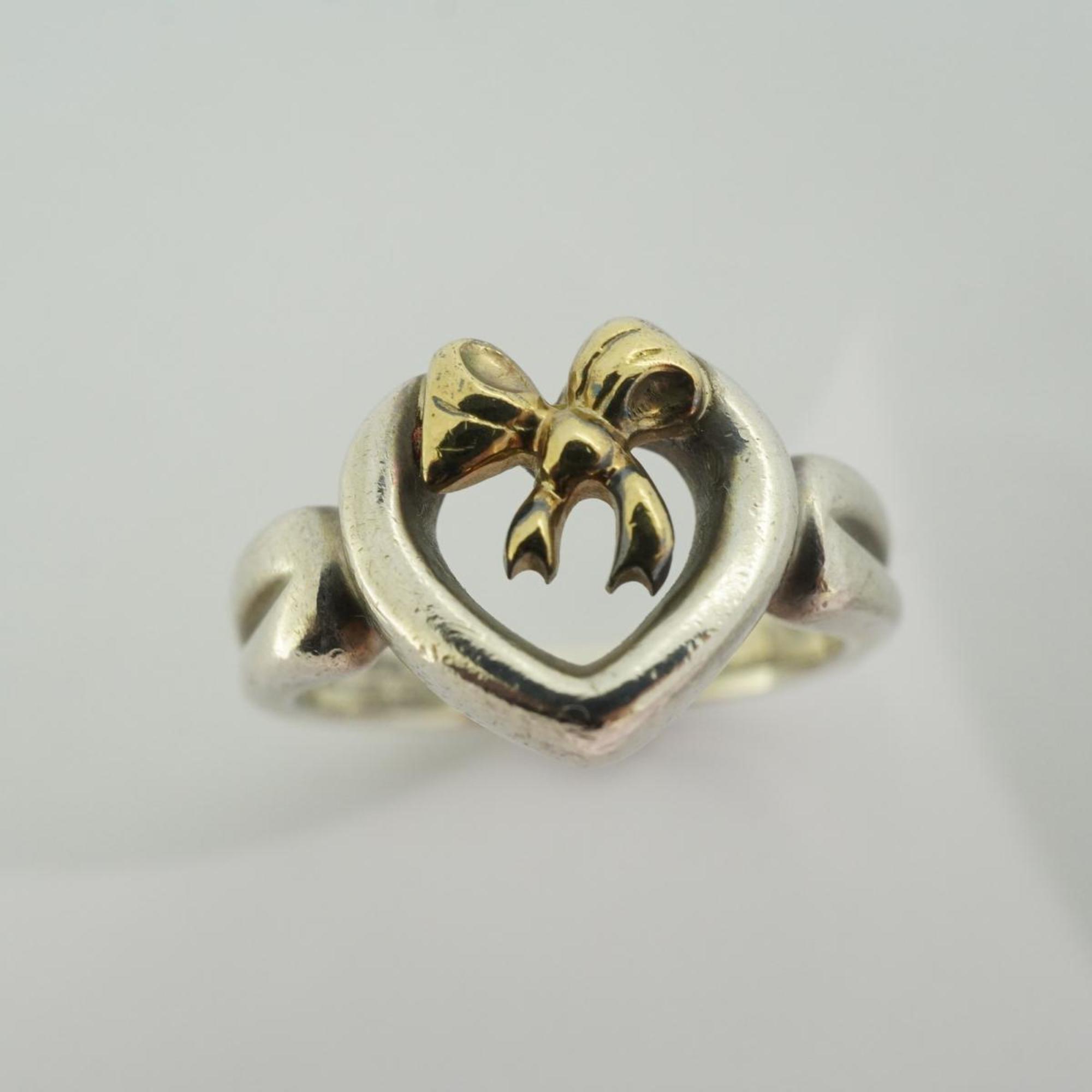 Tiffany Ring Heart Ribbon K18YG Yellow Gold 925 Silver Women's