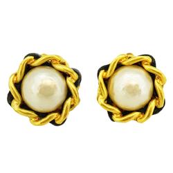 Chanel Earrings, Fake Pearl, GP Plated, Leather, Gold, Black, 93A, Women's