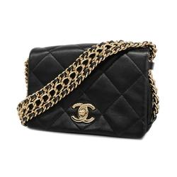 Chanel Shoulder Bag Matelasse Chain Lambskin Black Champagne Women's