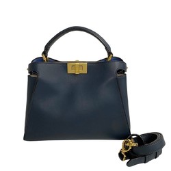 FENDI Peekaboo Iconic Essential Leather 2way Handbag Shoulder Bag Blue 00077 5sbk-a2700077