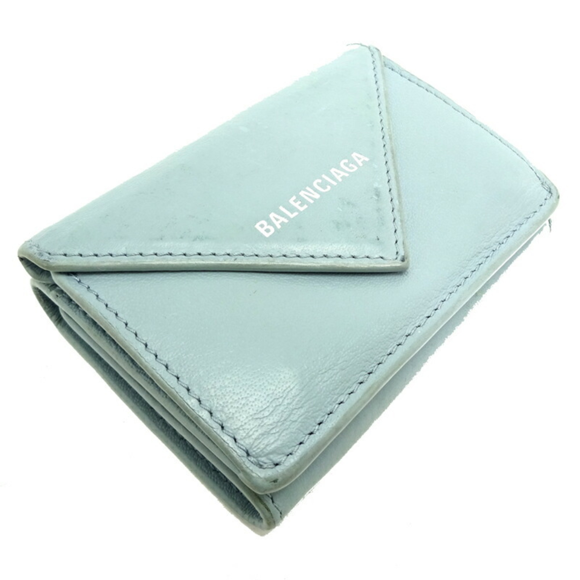 Balenciaga Paper Wallet Women's Tri-fold 3991446.4005 Leather Pastel Light Blue