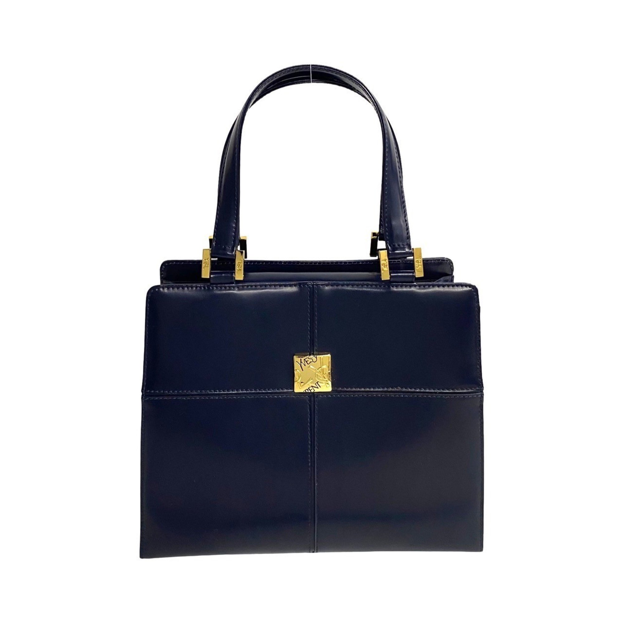 YVES SAINT LAURENT YSL hardware calf leather handbag tote bag navy 22027