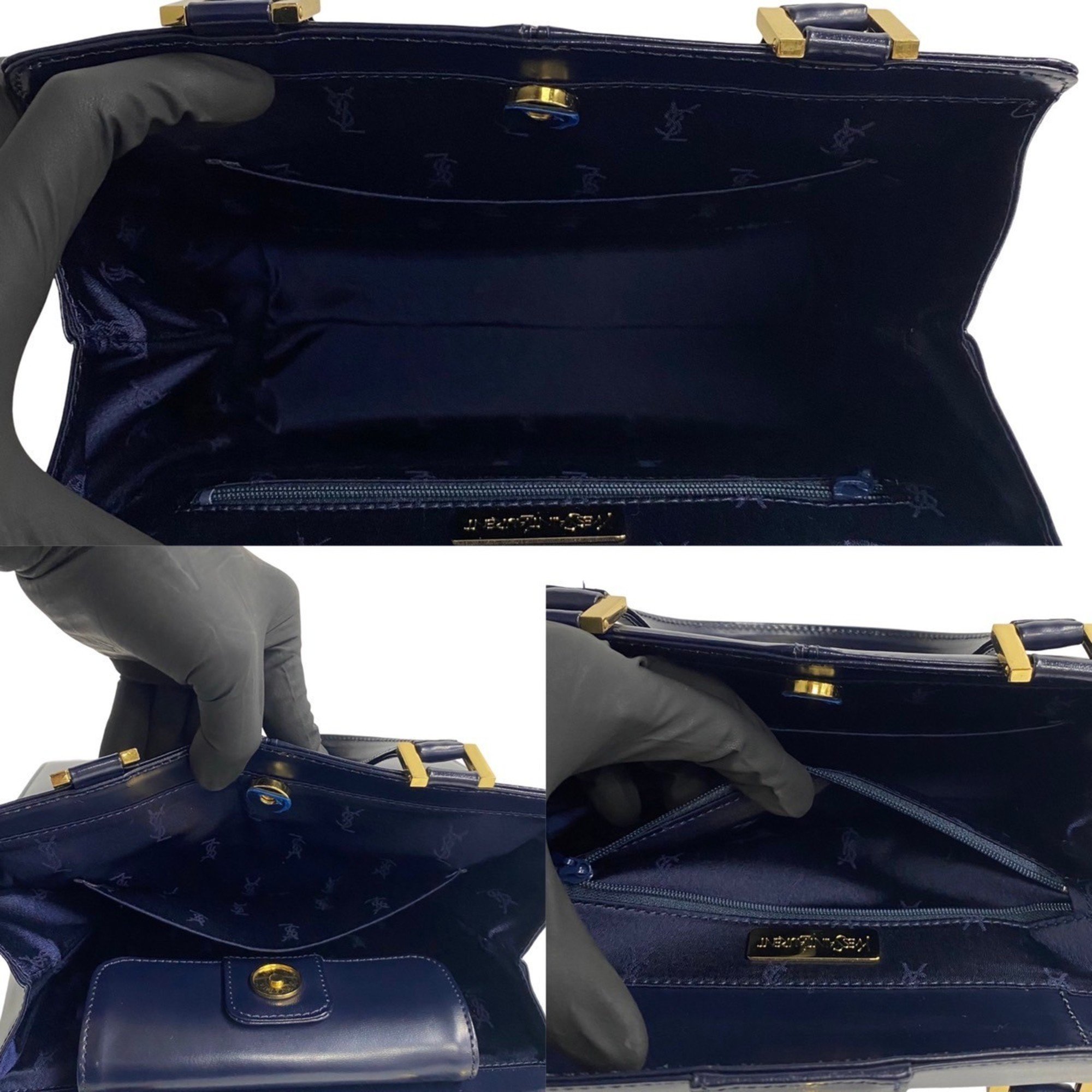 YVES SAINT LAURENT YSL hardware calf leather handbag tote bag navy 22027