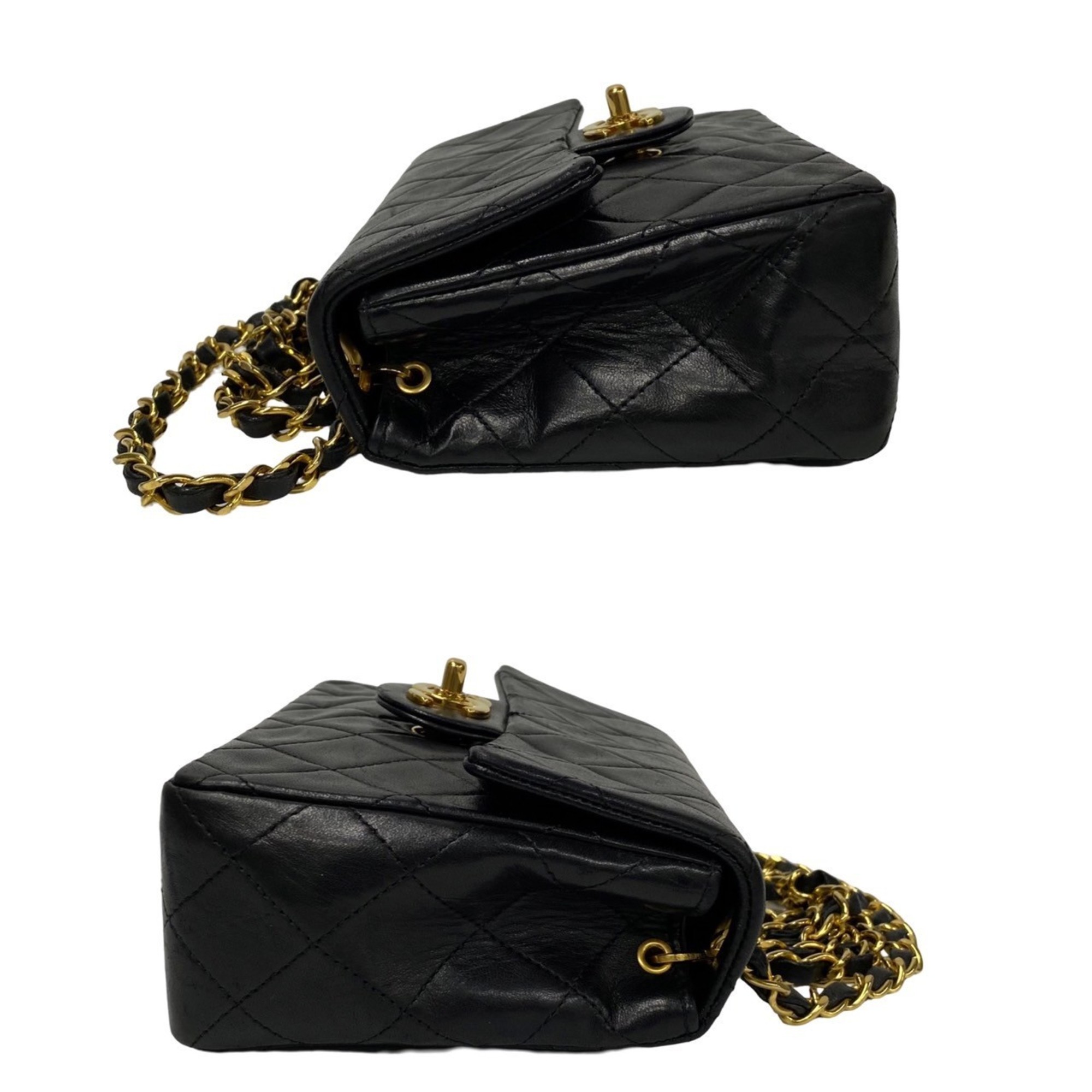CHANEL Matelasse Lambskin 17cm Leather Chain Shoulder Bag Black 12868