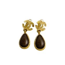 CHANEL Chanel 97A Engraved Coco Mark Motif Wood Earrings Gold Brown 32741 5sbk-np032741