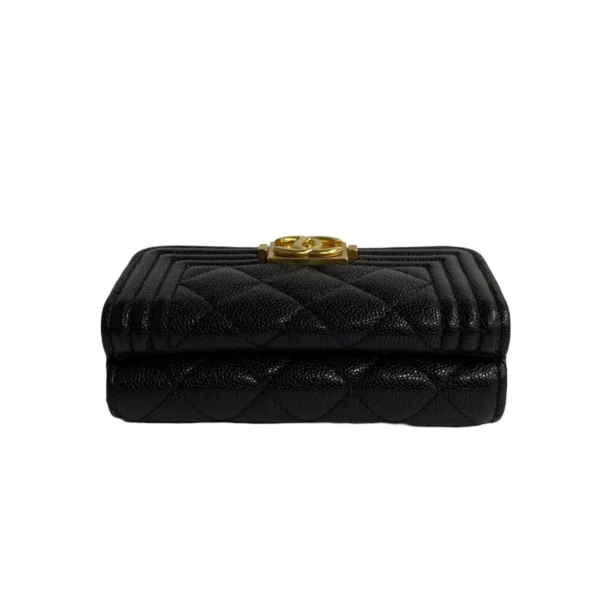 CHANEL Boy Chanel Matelasse Caviar Skin Leather Tri-fold Wallet Black 17239