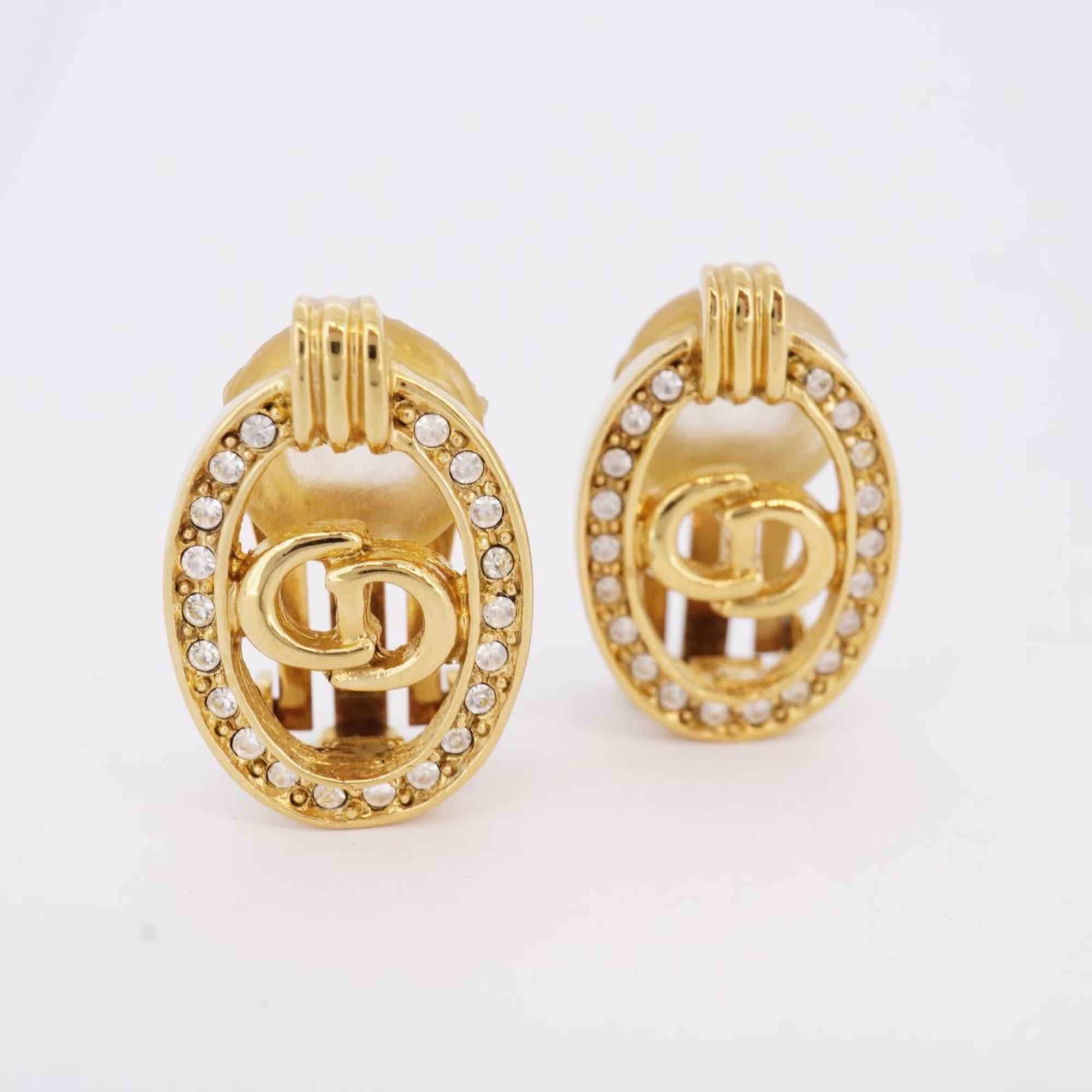 Christian Dior Earrings CD Oval Rhinestone GP Plated Gold Women's