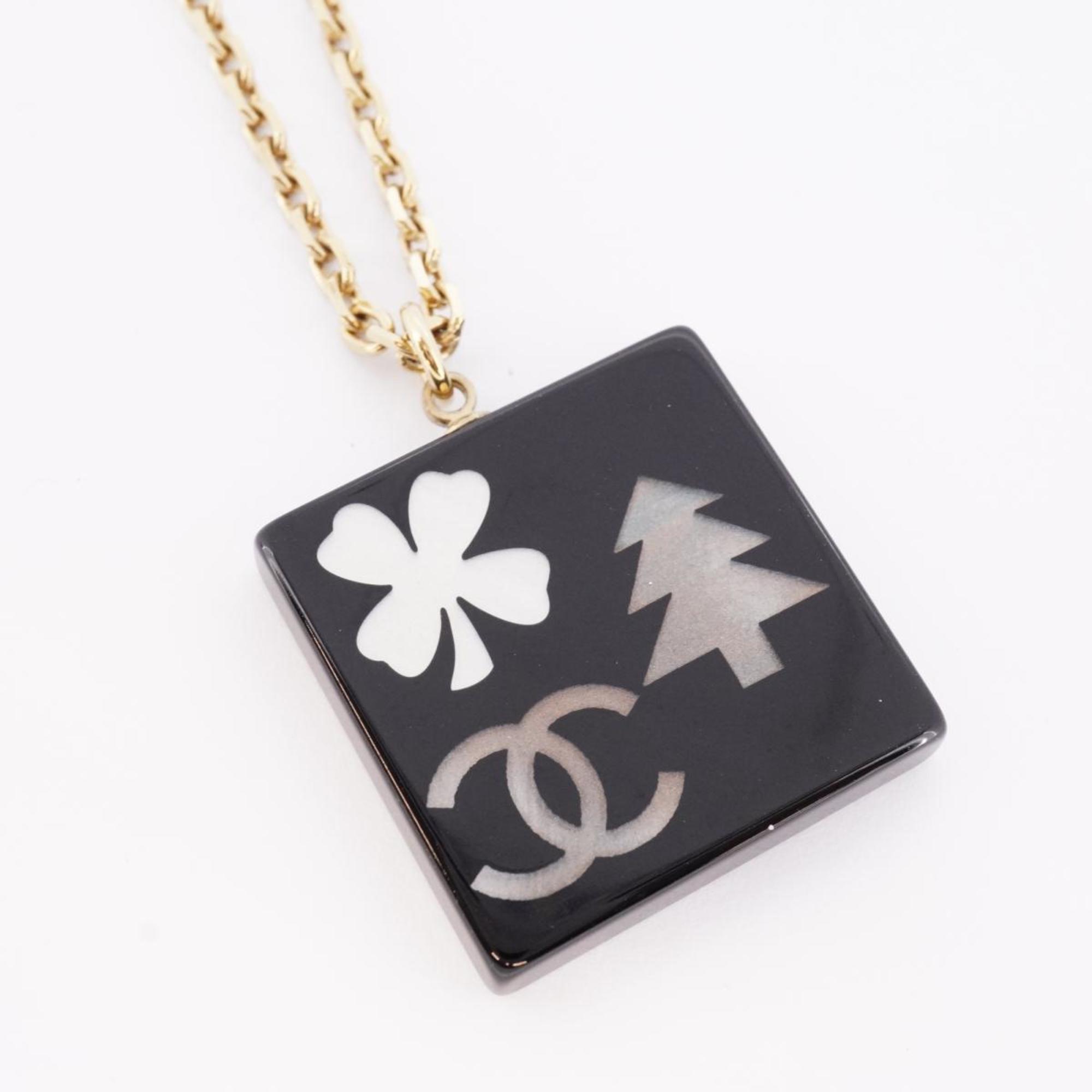 Chanel Necklace Coco Mark Square Clover/Tree Plastic GP Plated Gold Black 03A Women's
