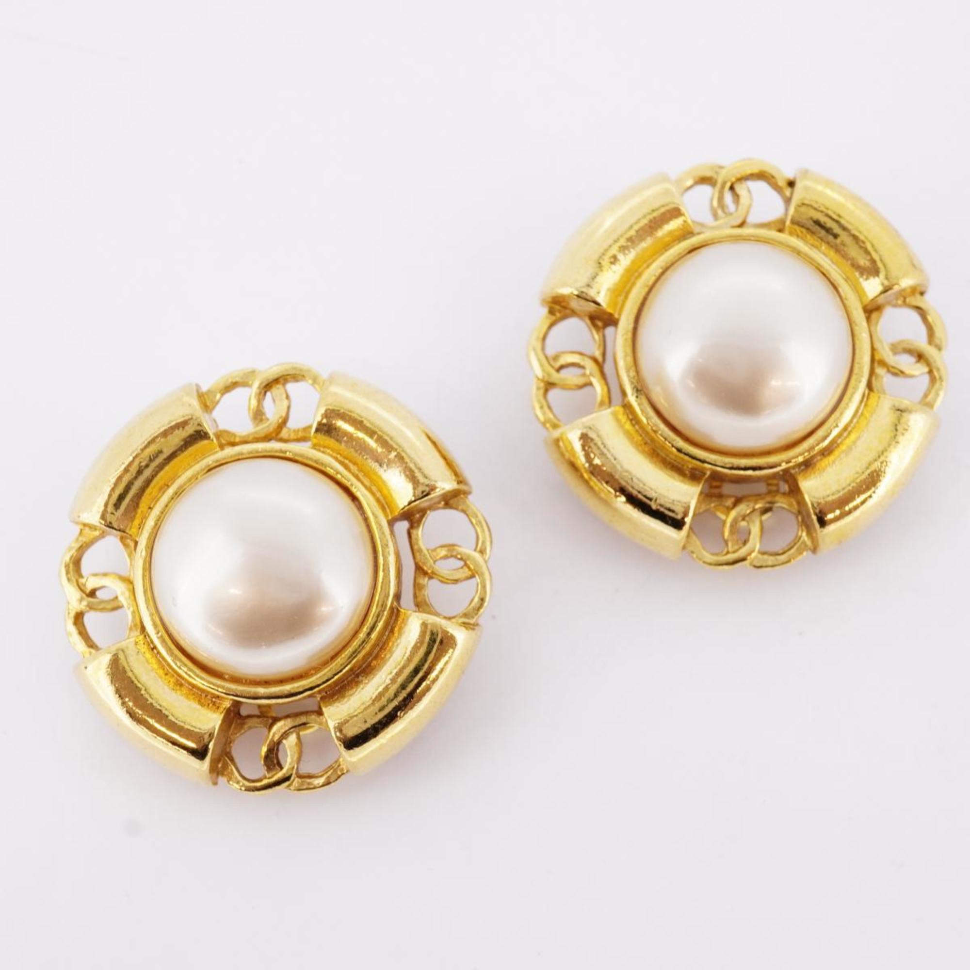 Chanel Earrings Coco Mark Fake Pearl GP Plated Gold 93P Women's