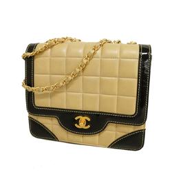 Chanel Shoulder Bag Chocolate Bar W Chain Lambskin Patent Leather Black Beige Champagne Women's
