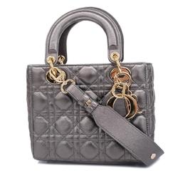 Christian Dior Handbag Cannage Lady Leather Metallic Gunmetal Champagne Women's