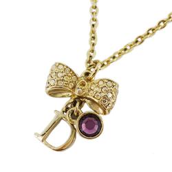 Christian Dior Necklace D Ribbon Motif Rhinestone GP Plated Gold Pink Women's