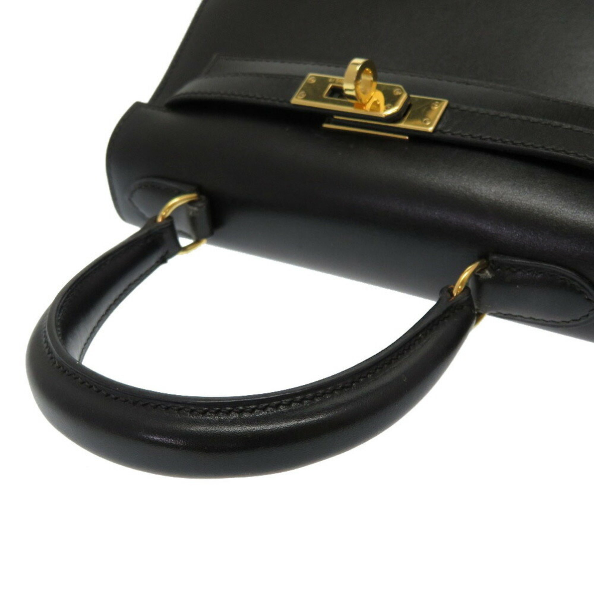 Hermes Kelly Box Calf Black □F Stamp Handbag Bag with Strap 0044 HERMES 20