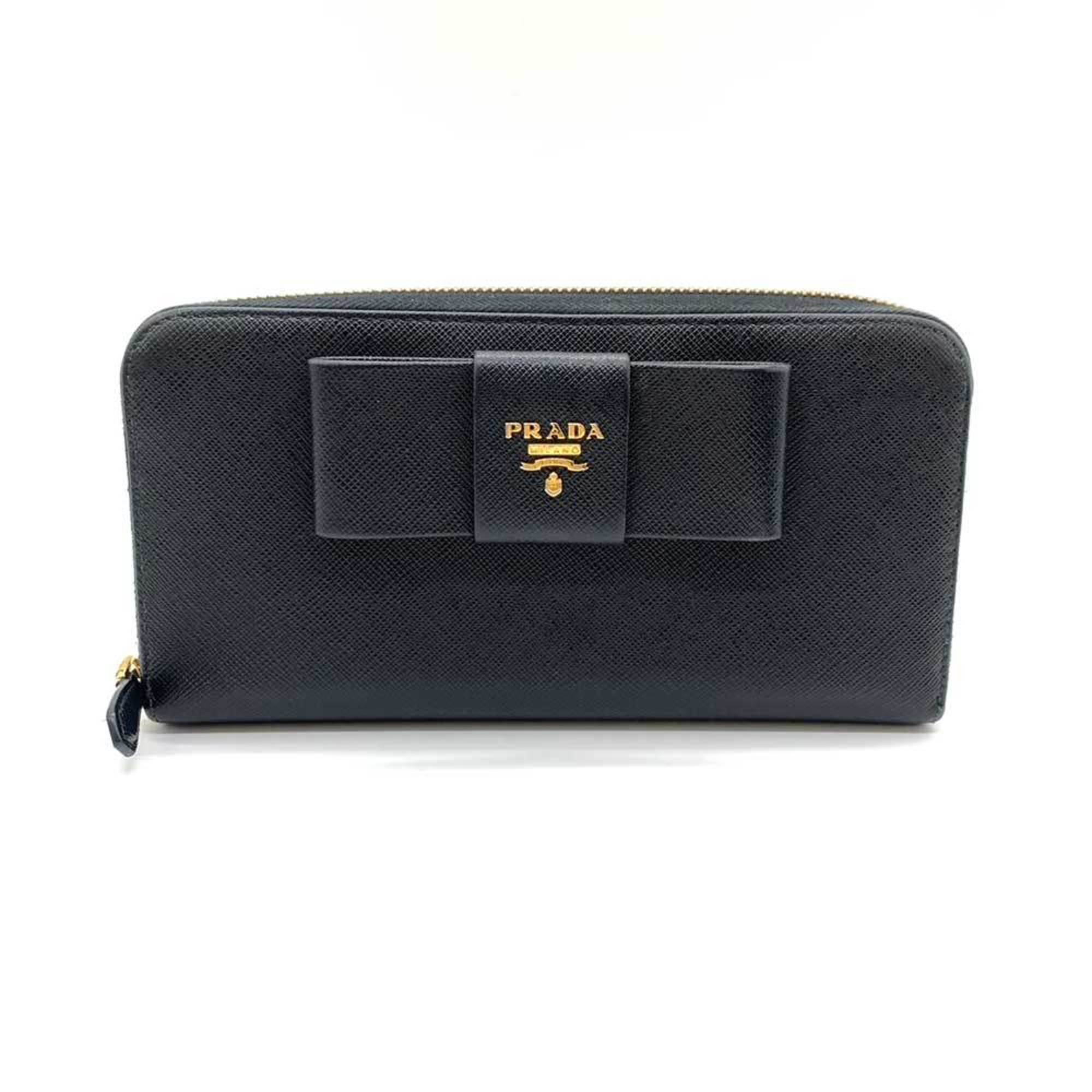 Prada Wallet Long Round Nero Black Ribbon Women's Saffiano Leather 1ML506 PRADA