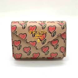 Prada Wallet Tri-fold Pink Beige Multicolor W Compact Heart LOVE Print Women's Vitello Move Leather 1MH021 PRADA